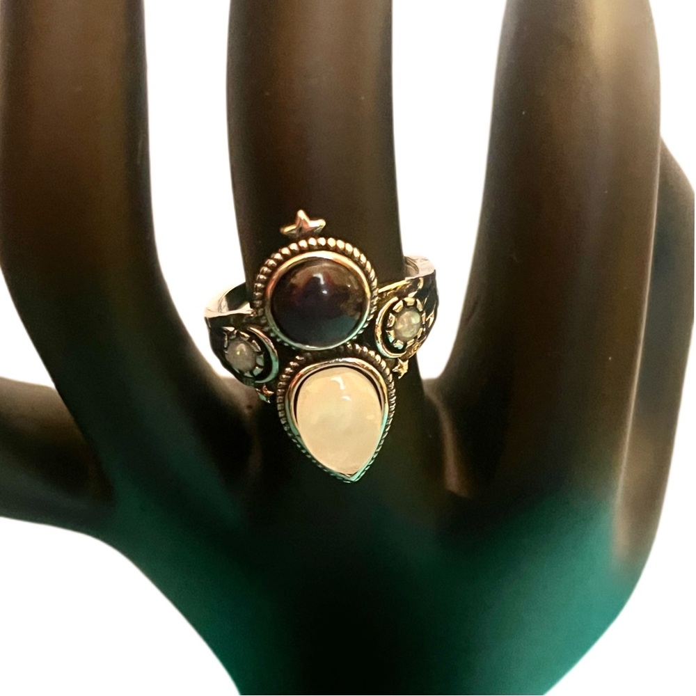 Moonstone & Black Onyx Sterling Silver 925 Ring - Bohemian Dreams - Picture 4 of 8